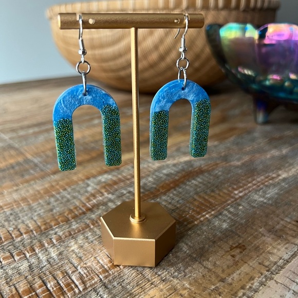 Blue & Green Resin Arch Earrings - Picture 2 of 2